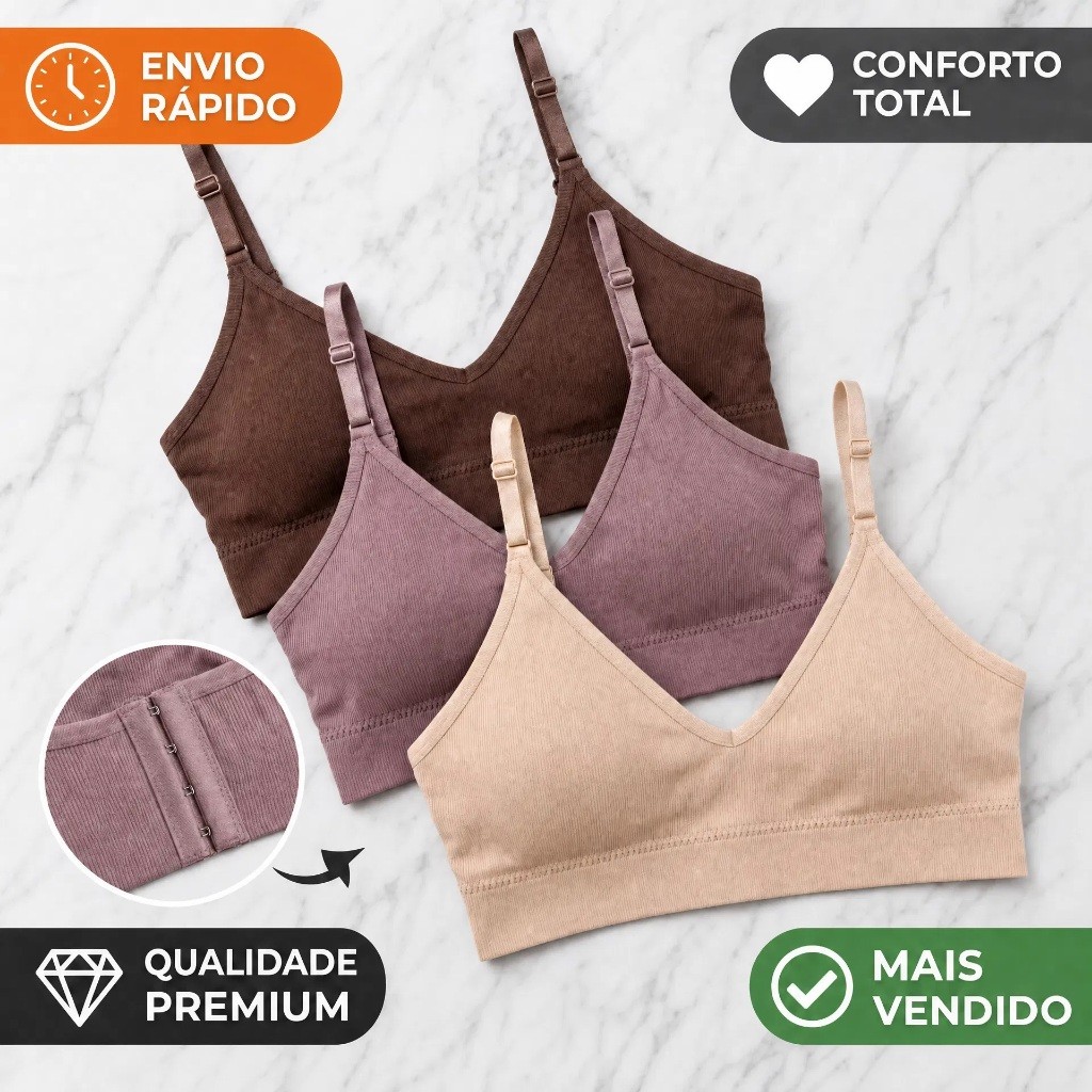 Kit 3, 2 ou 1 Unidade Sutiã Top Feminino Reforçado Poliéster Alças Reguláveis Bojo Removível