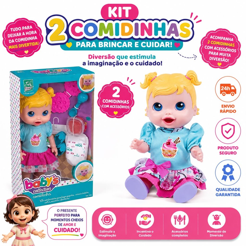 Kit 02 Boneca Baby Comidinha Alive Menina Come E Faz Caquinha C/ Acessórios - Super Toys
