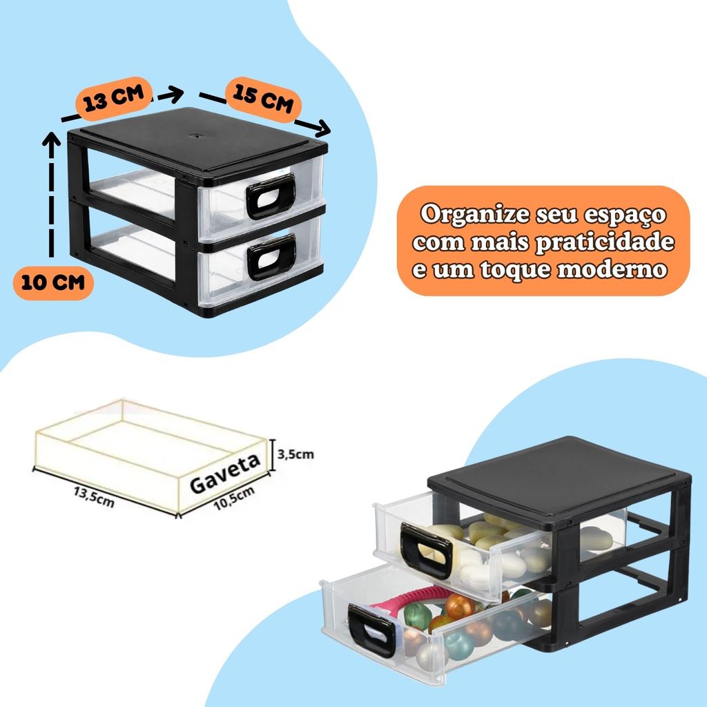 Mini Gaveteiro 2 Gavetas Organizador De Mesa Micro Porta Tudo Compacto E Resistente — imagem 2 de 2