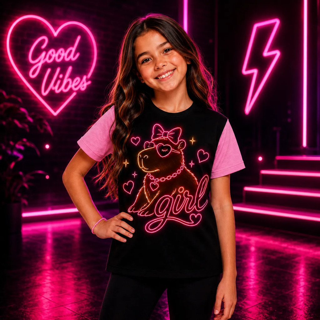 CAMISETA INFANTIL MENINA NEON COLORIDA BRILHA LUZ NEGRA VARIAS ESTAMPAS