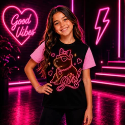 CAMISETA INFANTIL MENINA NEON COLORIDA BRILHA LUZ NEGRA VARIAS ESTAMPAS
