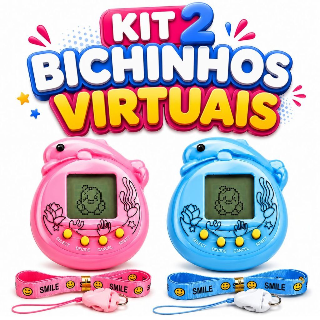 Kit 2 Bichinhos Virtuais Pet Game Infantil com Chaveiro e Cordão Rosa e Azul
