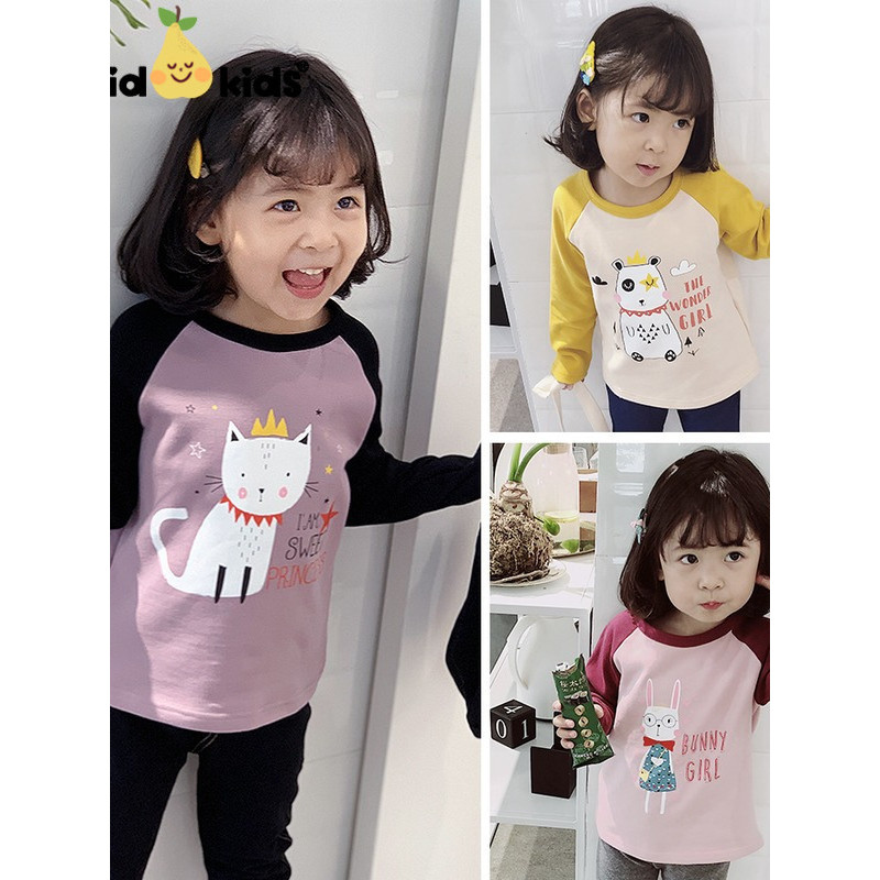 Cor combinando High-End ~ meninas penteado algodão impresso manga comprida camiseta médio grande crianças primavera outo