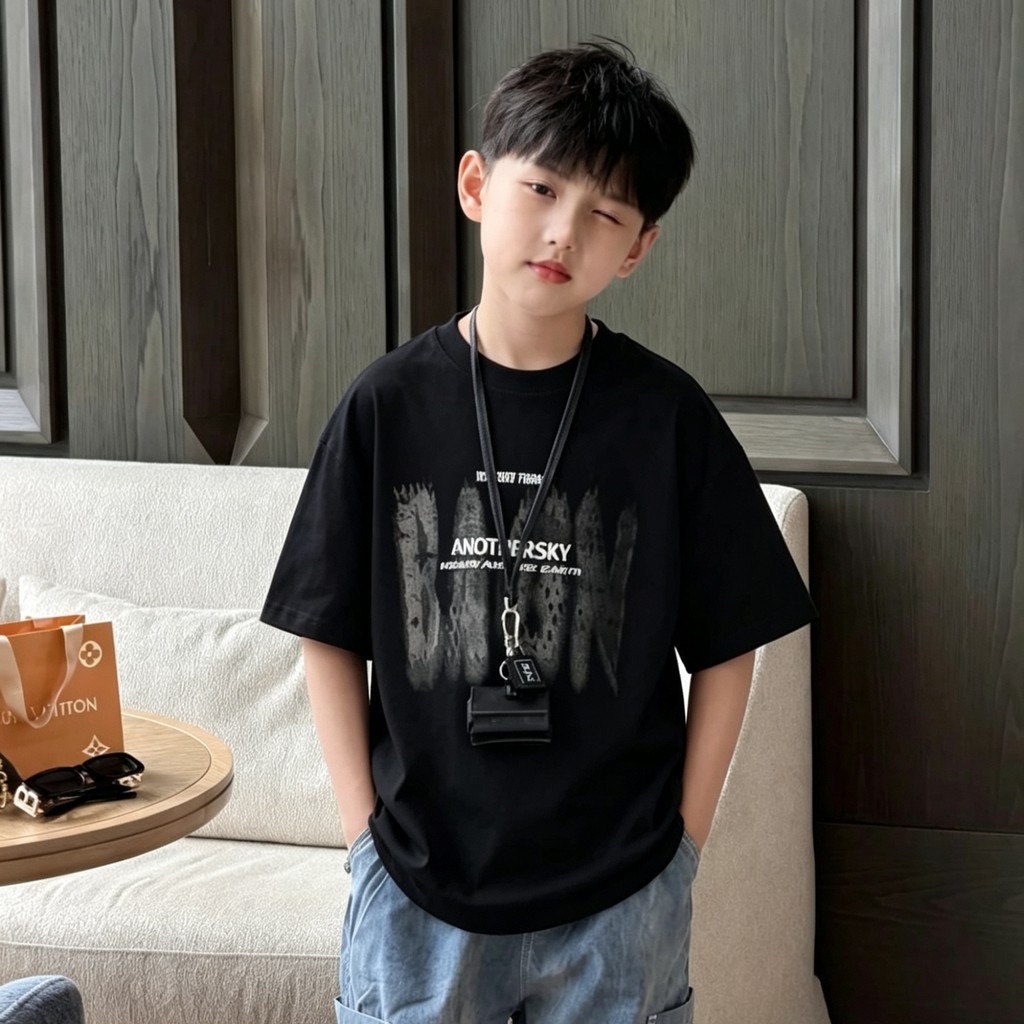 Meninos verão camiseta de manga curta 2026 novo estilo roupas infantis roupas de verão médio grande crianças meia manga 