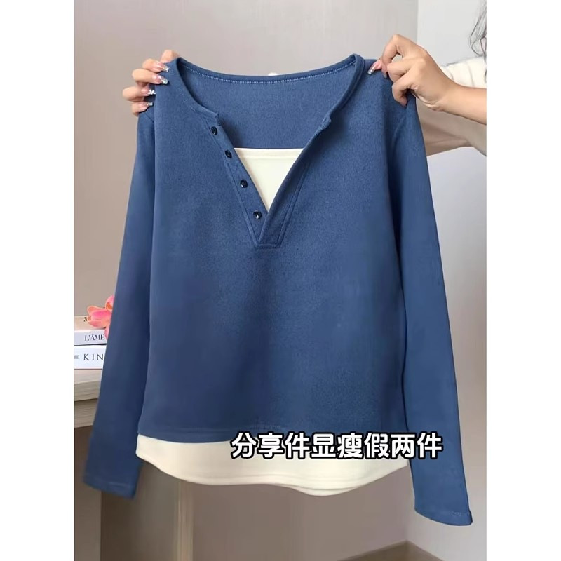 Tamanho grande estilo ocidental falso de duas peças de manga comprida camiseta feminina 2026 outono novo estilo gordura 