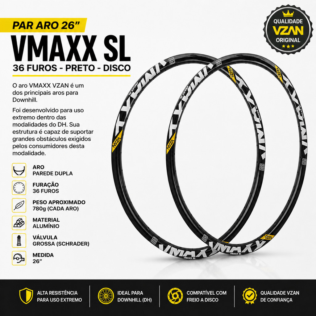 Par Aro 26 SL 36 Furos Freio Disco bicicleta bike Downhill DH Freeride manobra Vmaxx Vzan Preto