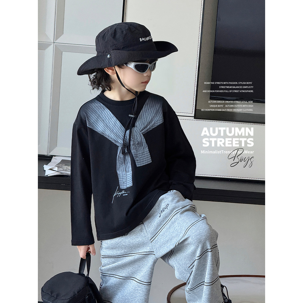 Crianças primavera outono roupas xale impresso manga comprida camiseta meninos preto puro algodão solto topo estilo core