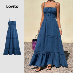 Lovito Vestido Boho com Borda de Folhas de Alface Primavera/verão Azul para Mulheres LK7LD184