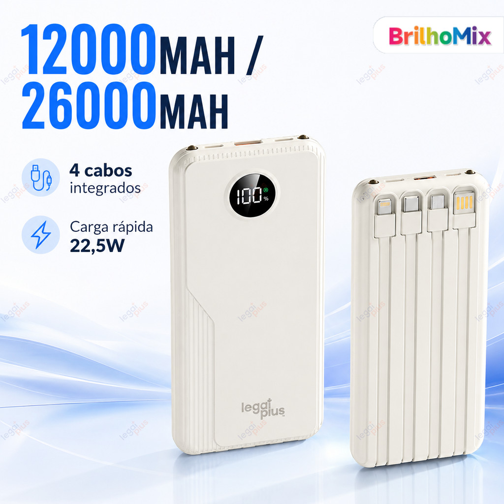 Carregador Portátil 12.000 e 26.000mAh Grande Capacidade 4 Cabos em 1 22,5W PD Tela Circular iPhone Android