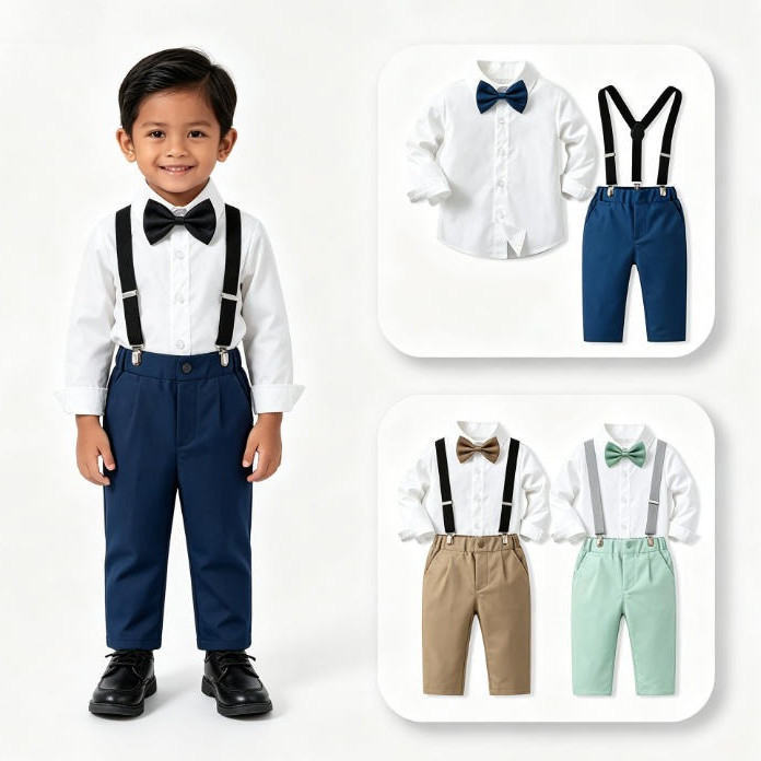 Cavalheiro Bebê Chefe Terno Crianças Calças De Manga Longa Camisa Branca Suspensórios Gravata Borboleta Conjunto Smoking
