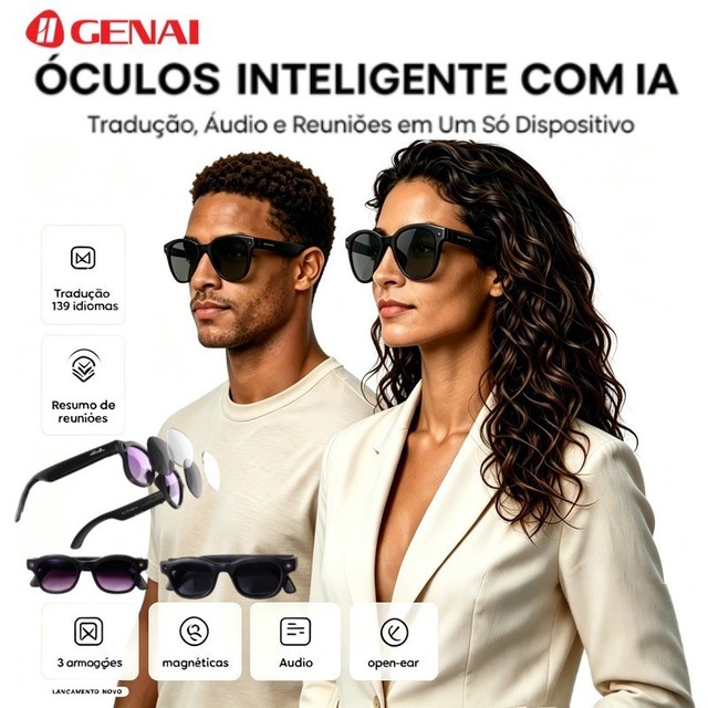 Óculos Inteligente W‑AI3 com Câmera 8MP-Gravação de Vídeo 1200P-Áudio Open‑Ear Bluetooth-IA de Voz-Transcrição de Áudio