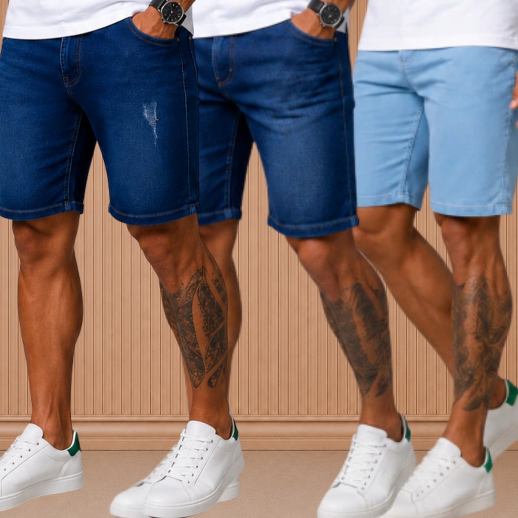 Kit de 3 Bermudas Jeans Masculinas Casual – Primavera e Verão | Elastano Premium - 36 ao 48