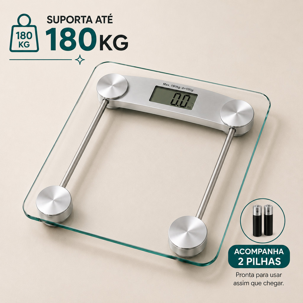 Balança Corporal Digital até 180kg Vidro Temperado Visor LCD