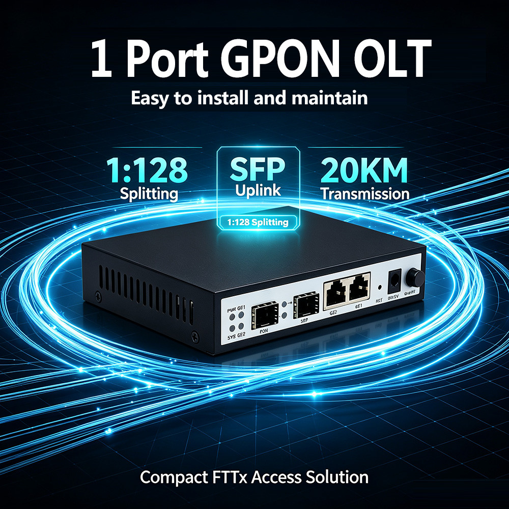 Mini GPON OLT 1 Porta 1 : 128 Divisão WEB Gerenciamento Gigabit SFP Uplink Dispositivo Para Rede FTTH FTTX SOHO Pequena 