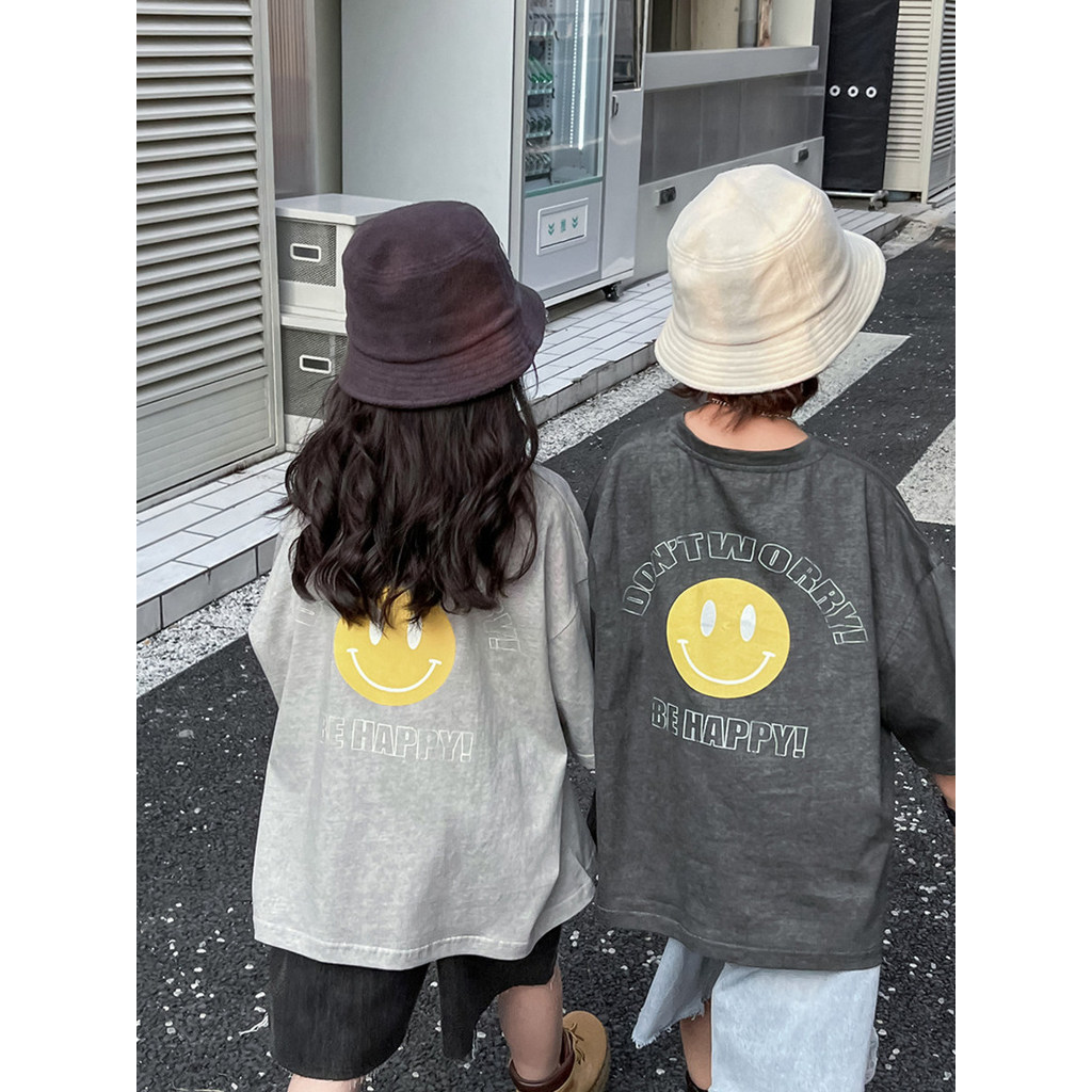 Crianças roupas de verão meninos meia manga camiseta meninos médio grande crianças cinza dos desenhos animados Smiley pu