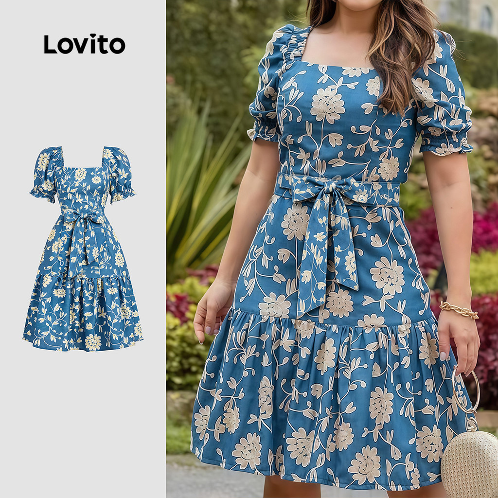 Lovito Elegante Vestido com Vestido Azul Confortável e Estiloso para primavera/verão L178ED1511