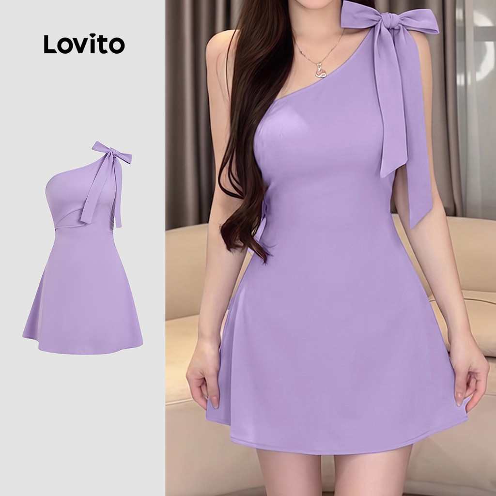 Lovito Vestido Casual com Ombro À Mostra Laço Zíper Roxo Primavera/verão para mulheres L198ED037