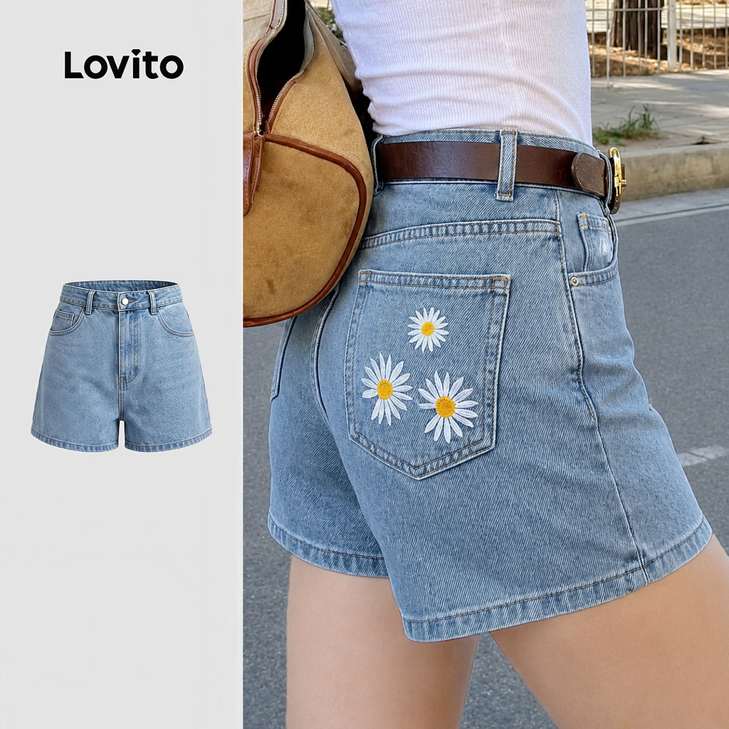 Lovito Shorts Jeans Casual Azul Estampado Em Bordado Primavera/Verão Feminino DSK8P1D639