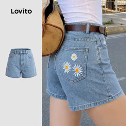 Lovito Shorts Jeans Casual Azul Estampado Em Bordado Primavera/Verão Feminino DSK8P1D639