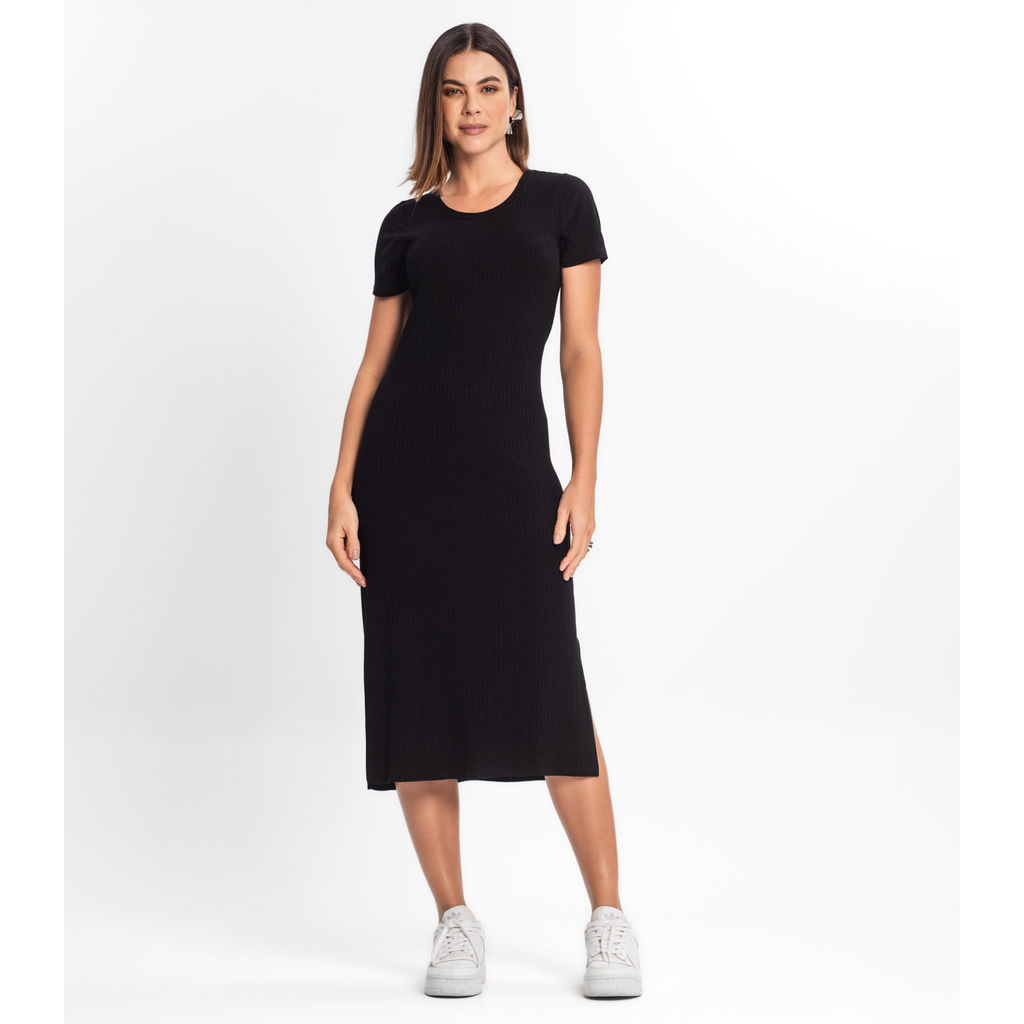 Vestido Midi Ribana Canelada Básico Rovitex Preto