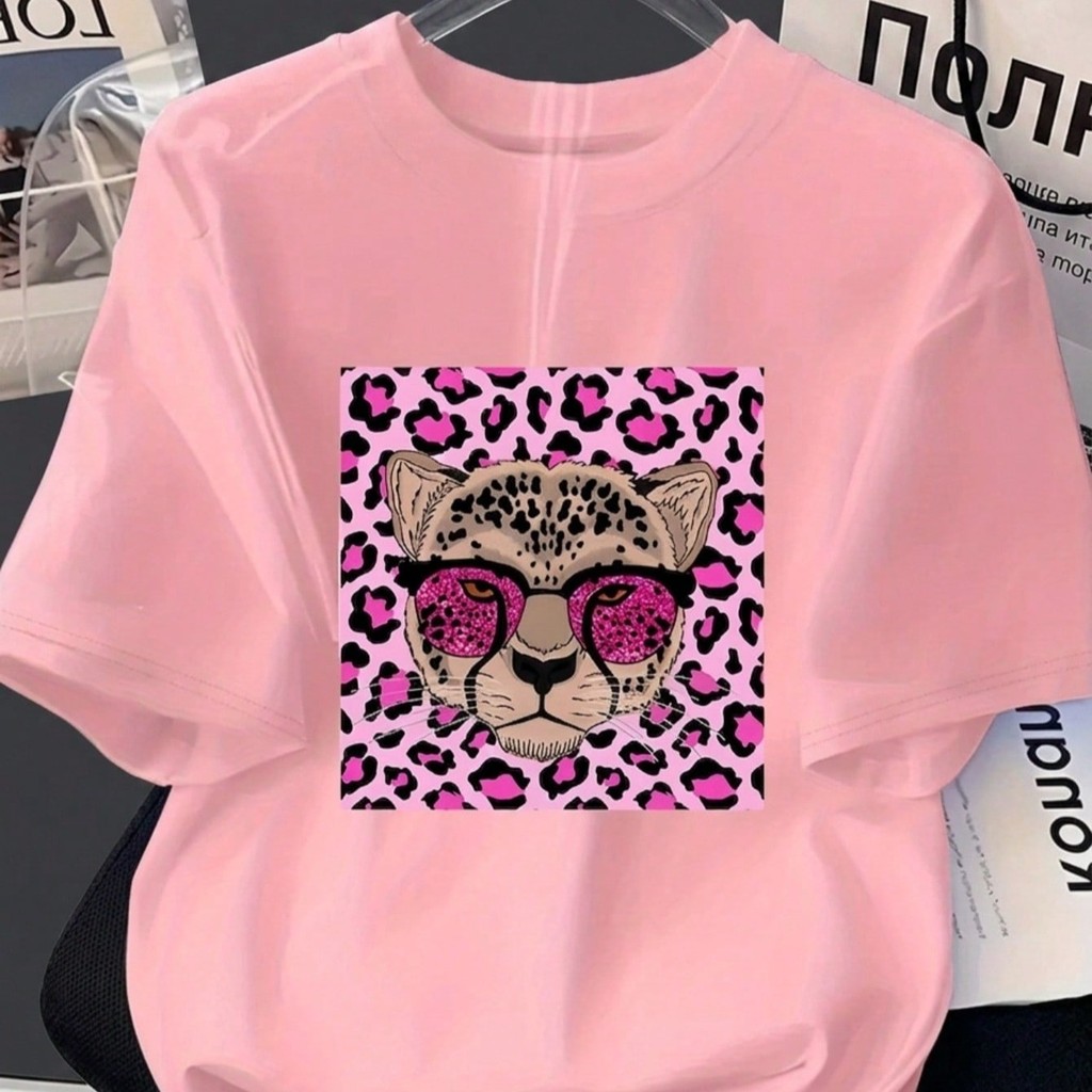 Camiseta Feminina Rosa Leopardo Onça Camisa Estampada Casual Lançamento Estilo  Algodão