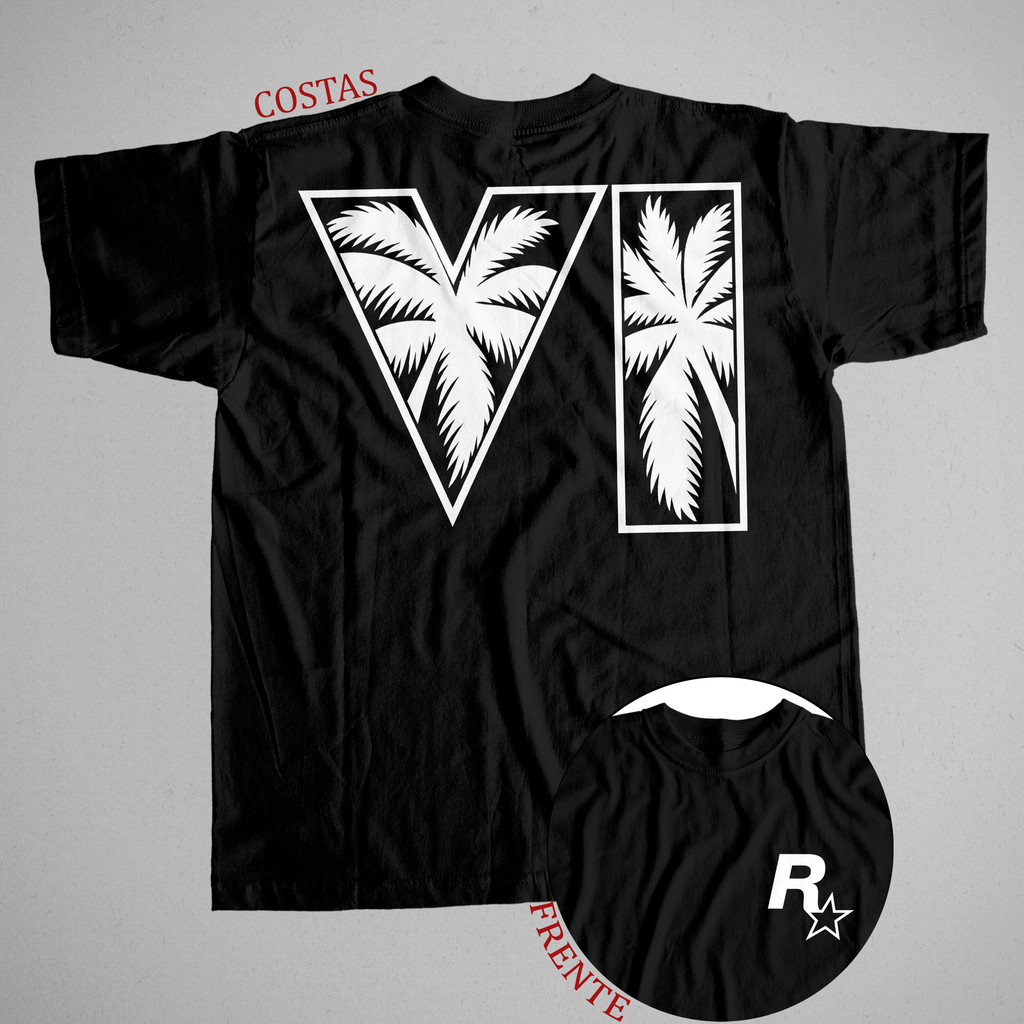 Camiseta GTA 6 Grand Theft Auto VI Jogo Unissex 100% Algodão Camisa Masculina Feminina Streetwear Frente e Costas