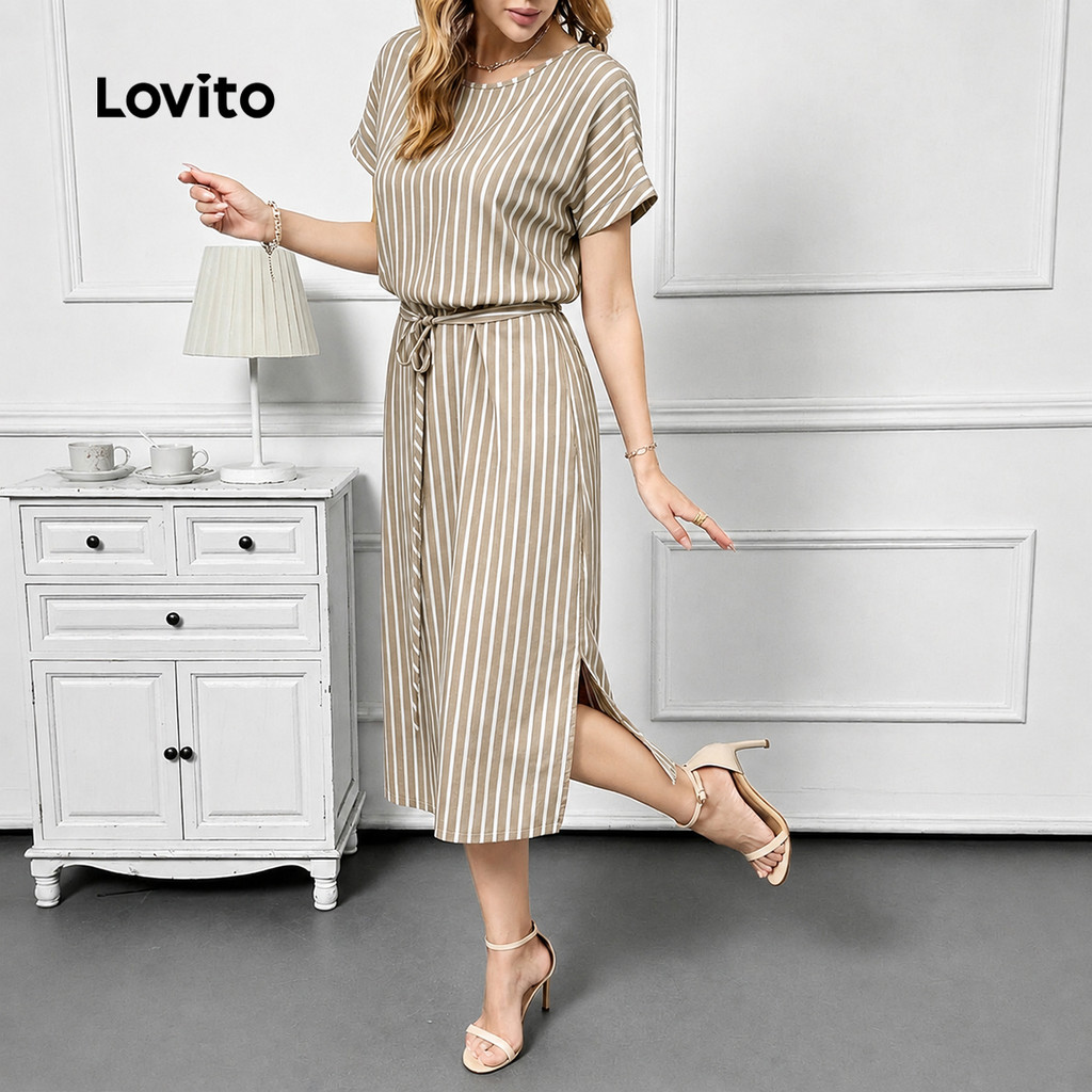 Lovito Vestido Elegante Com Abertura E Caimento Em Linhas Para Primavera/verão Khaki Para Mulheres DRK9P2D714 — imagem 2 de 2