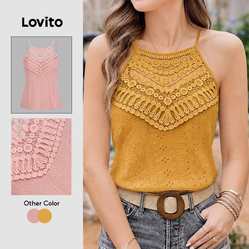 Lovito Top Boho Plissado Renda Primavera/verão Top de Açafrão para Mulheres Bordado TKK8P1D724