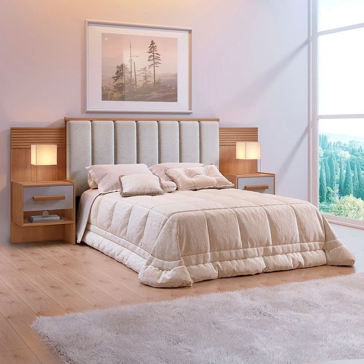 Cabeceira Casal 140cm Ripada 100% MDF Estofada Isis com 02 Mesas de Cabeceira Espresso Móveis Marrom Cinamomo/Off