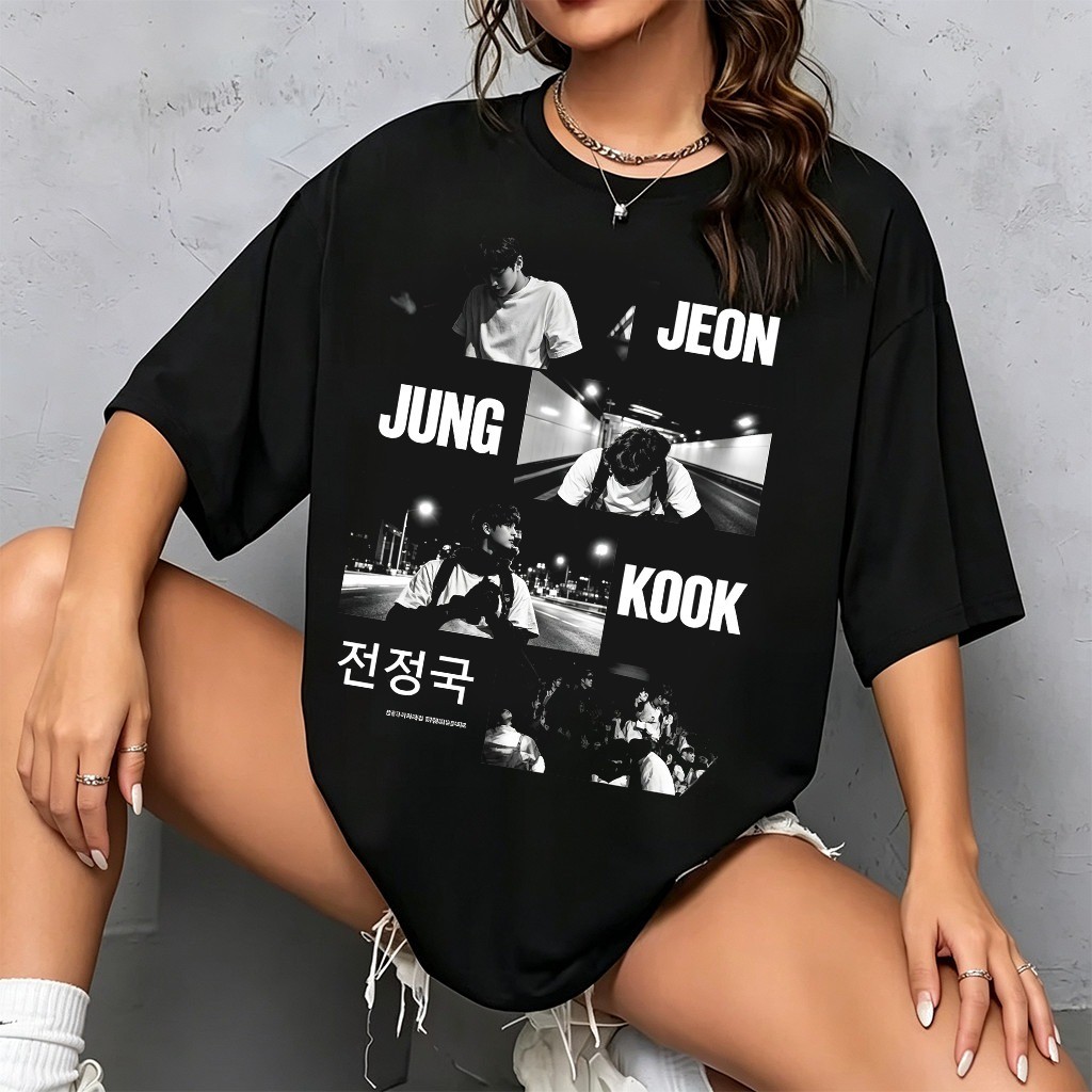 Camiseta Feminina Com Estampa de Fotos e Nomes de Jungkook Estilosa Confortável Linda Moda Feminina Casual