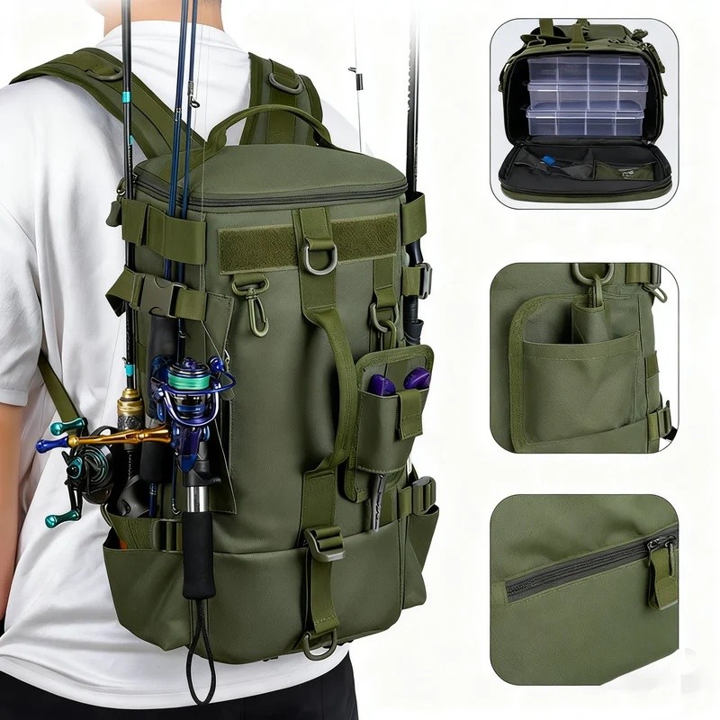 Mochila multifuncional para pesca, com compartimentos para equipamentos e suportes para varas, ideal para armazenar aces
