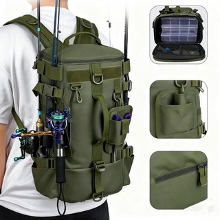 Mochila multifuncional para pesca, com compartimentos para equipamentos e suportes para varas, ideal para armazenar aces