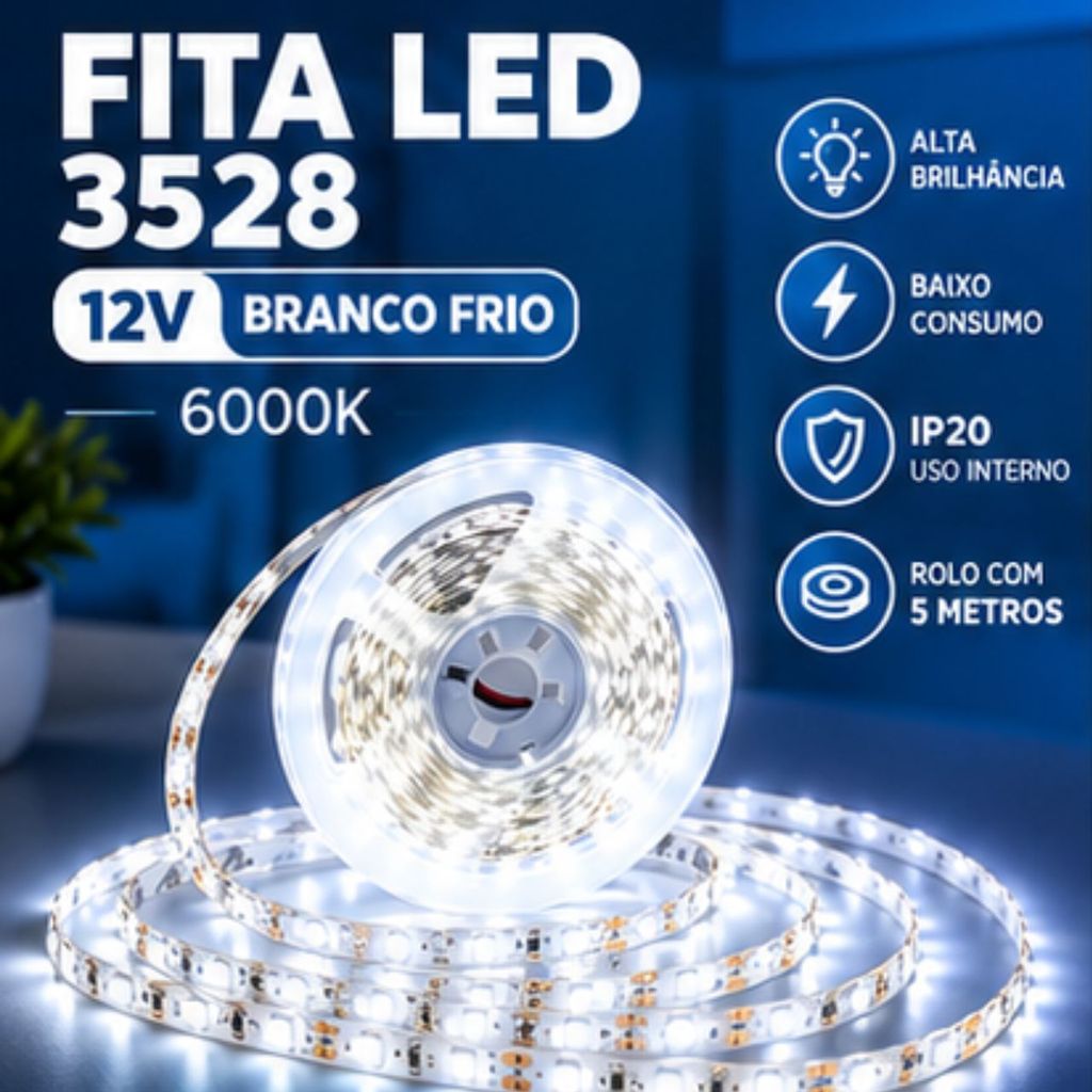 Fita LED 3528 12V Branco Frio 6000K – Rolo 5 Metros IP20