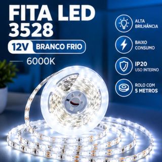 Fita LED 3528 12V Branco Frio 6000K – Rolo 5 Metros IP20