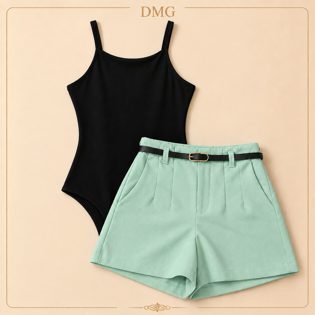 Conjunto Feminino Body Alcinha + Short Alfaiataria com Cinto Zíper Lateral