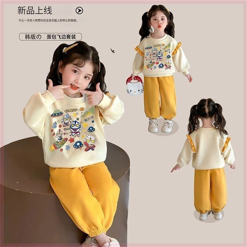 Primavera bebê menina puro algodão de manga comprida Ultraman estilo ocidental roupas meninas terno esportivo crianças m
