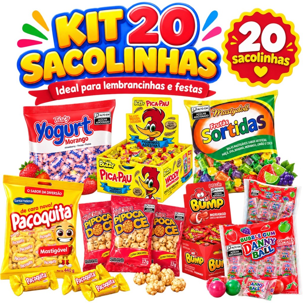 Kit 160 Doces Lembrancinha de Festa Aniversário Infantil Monta 20 Saquinhos