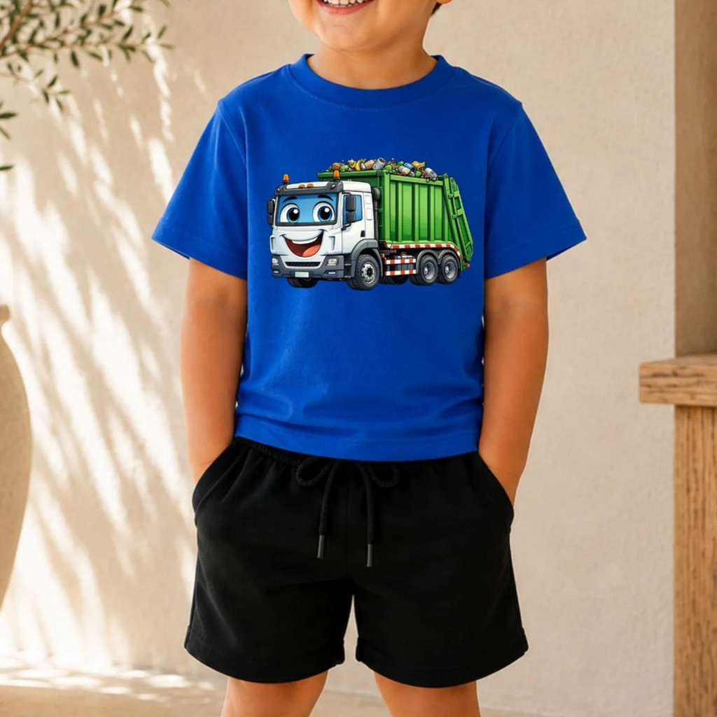 Conjunto Infantil Menino Caminhão Coletor Camiseta + Bermuda Preta Roupa Infantil Estampada Verão