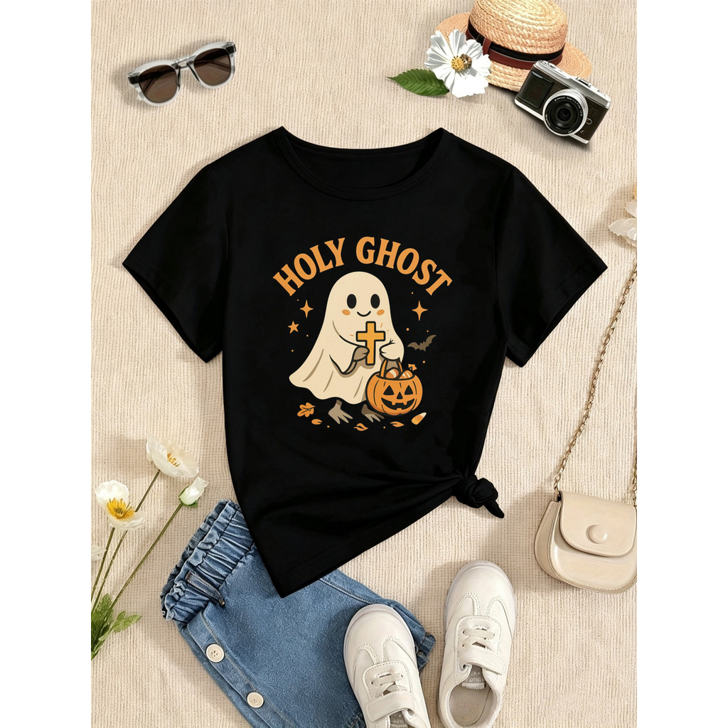 Halloween Santo Fantasma Abóbora Morcego Impresso Camiseta Meninas/Meninos Engraçado Crianças Cothes De