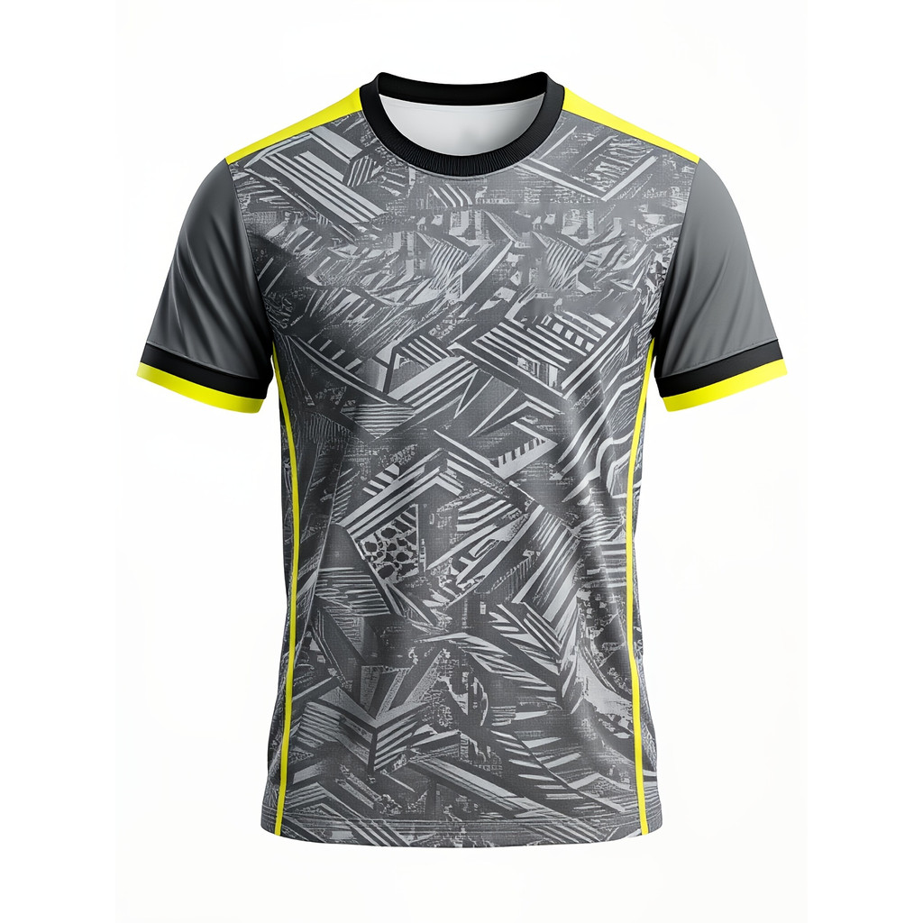 Impressão Digital - camiseta esportiva de manga curta com padrão geométrico abstrato preto, cinza e amarelo, projetada p