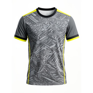 Impressão Digital - camiseta esportiva de manga curta com padrão geométrico abstrato preto, cinza e amarelo, projetada p