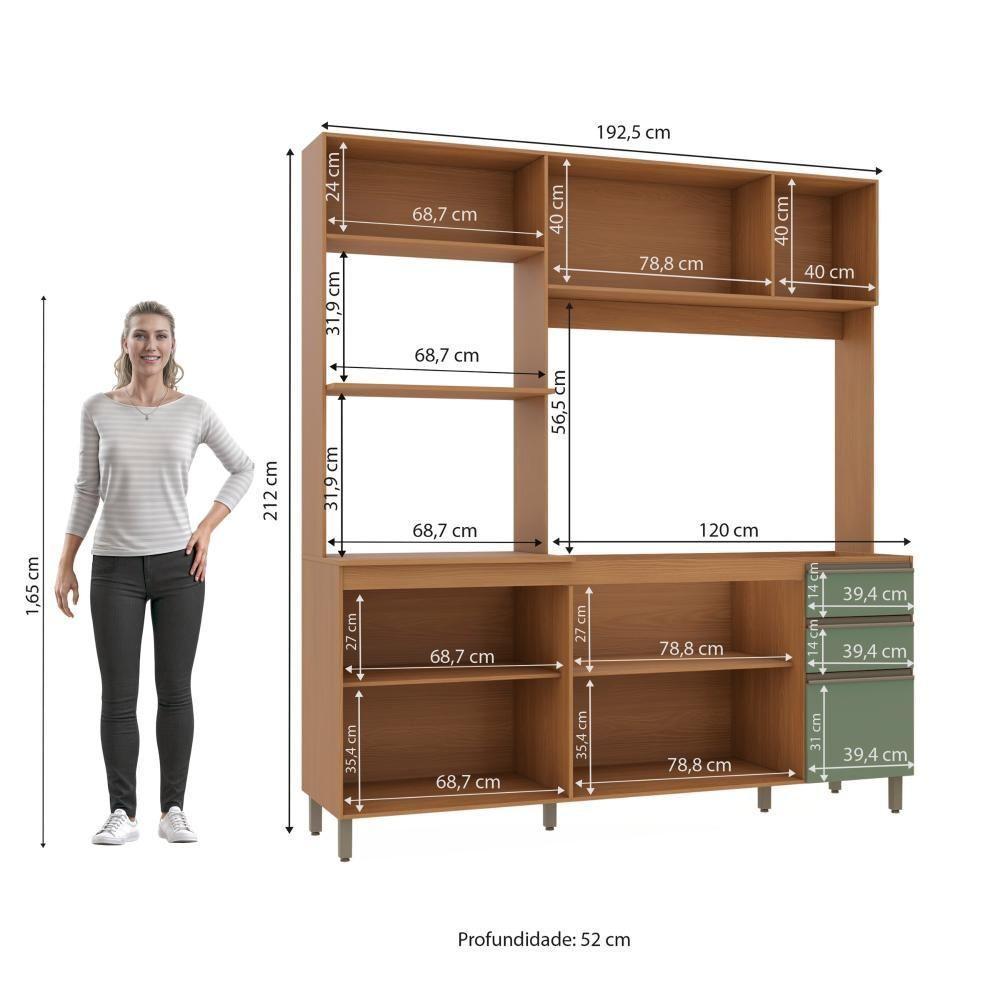 Cozinha Compacta Luna 7 Portas 3 Gavetas MDP Canela Verde Oliva Kappesberg — imagem 2 de 2