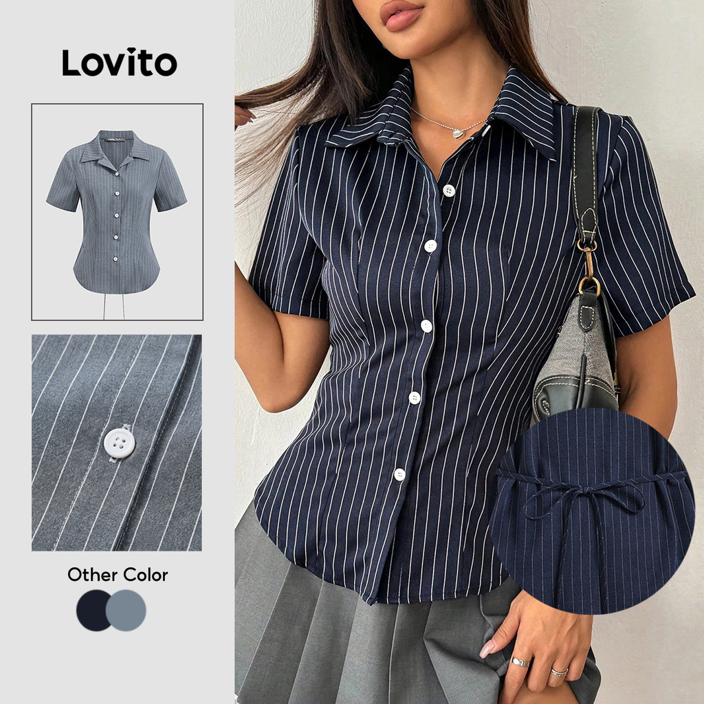 Lovito Fecho Frontal Casual Blusa Feminina Listrada Com Botão Frontal Redondo Blusa De Verão/Primavera LBL23387