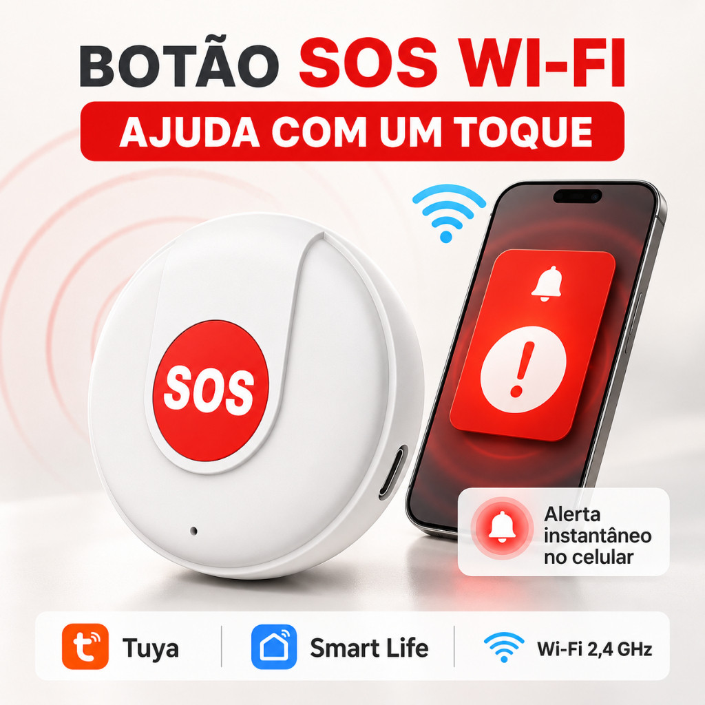 Botão de Emergência WiFi Inteligente com Alerta por Celular, Recarregável e Monitoramento para Idosos e Crianças