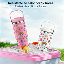 Garrafa copo Térmica 900ml Inox Arco-íris Isola Quente Frio Dupla Bebida Tampa Antivazamento Para Viagem e trabalho