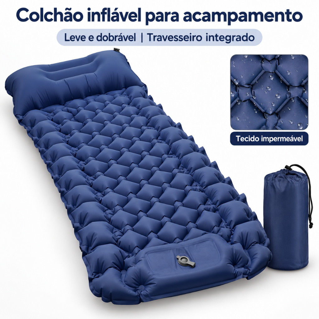 Colchão Inflável 190cm com Travesseiro e Bomba Embutida | Cama Inflável para Camping e Viagem