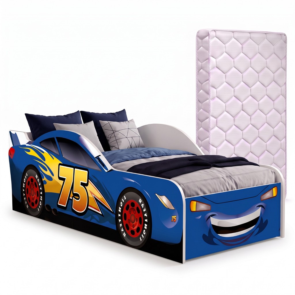 Cama Carro Infantil McQueen Azul Com Colchão Incluso MDF Quarto Temático Menino Grade Segurança Premium