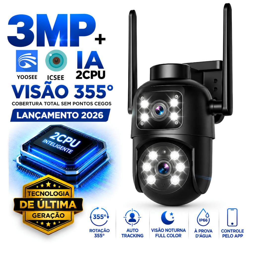Câmera de Segurança Externa Wi-Fi A31 3MP IP66 Dupla Lente 2CPU Visão Noturna Colorida Yoosee/iCSee