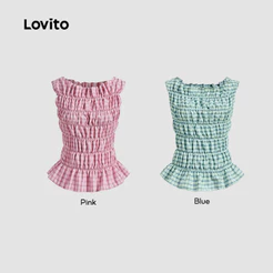 Lovito Férias Blusa Regata Feminina Fofa Com Estampa Xadrez Vichy E Detalhes Franzidos Verão/primavera L125AD139