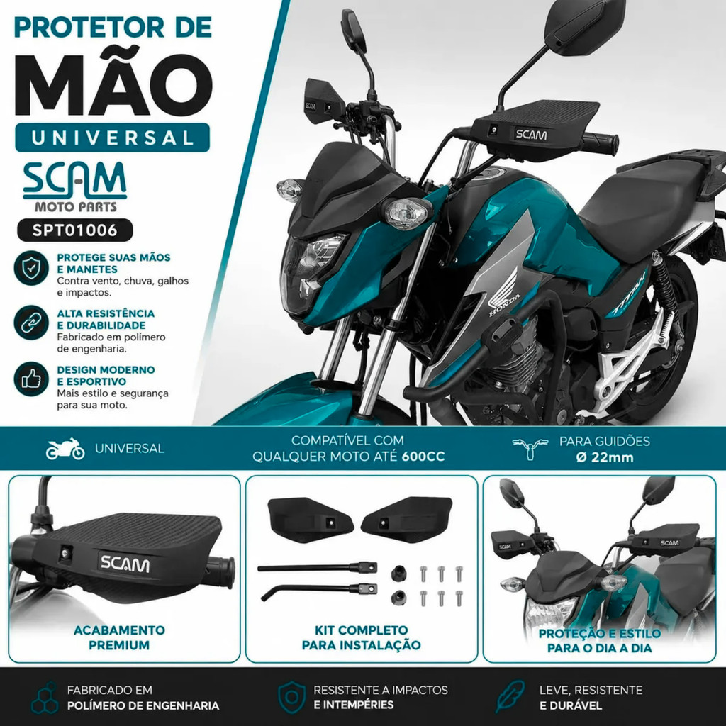 PROTETOR DE MAO MOTO SCAM COMPATIVEL GUIDAO ATE 22MM SCAM SPTO1006 TITAN FAN HORNET TWISTER 250 DL160 DK160 SHI250 FZ15 — imagem 2 de 2